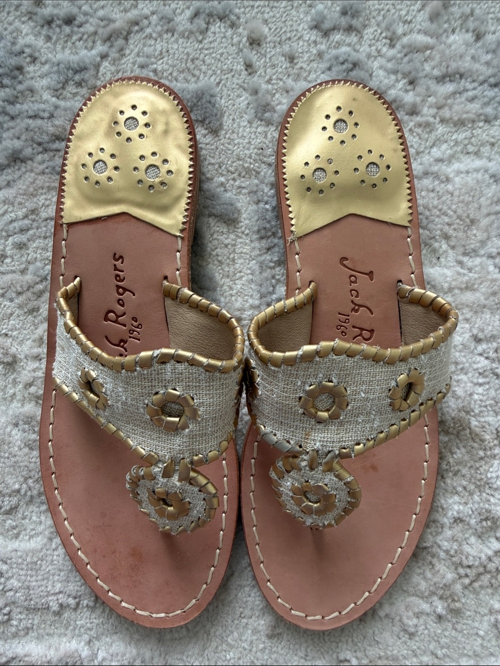 Jack Rogers Gold and Natural Woven Thong Sandals